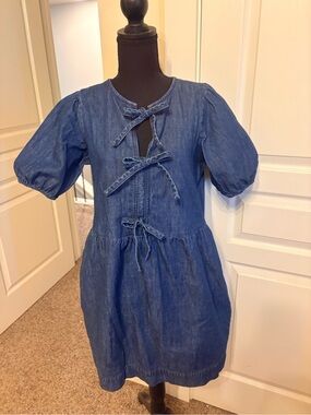 LOFT Denim Tie-Front Puff Sleeve Mini Dress - Blue